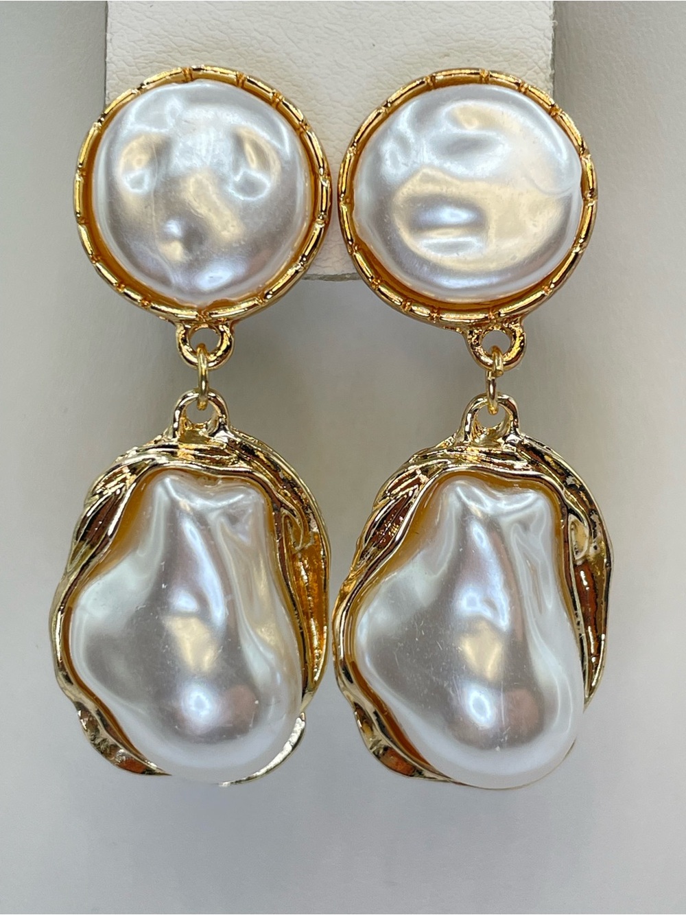 Gold Tone Faux Baroque Pearl Statement Dangle Earrings Glam Bold